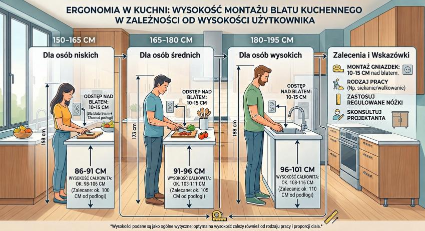 Infografika przedstawiająca ergonomię w kuchni – zalecaną wysokość montażu blatu kuchennego w zależności od wzrostu użytkownika. Pokazano trzy zakresy wzrostu (150–165 cm, 165–180 cm, 180–195 cm) z odpowiadającymi im wysokościami blatu (ok. 86–101 cm) oraz odstępem roboczym nad blatem 10–15 cm. Po prawej stronie znajdują się dodatkowe wskazówki dotyczące montażu gniazdek, rodzaju pracy i regulacji mebli.