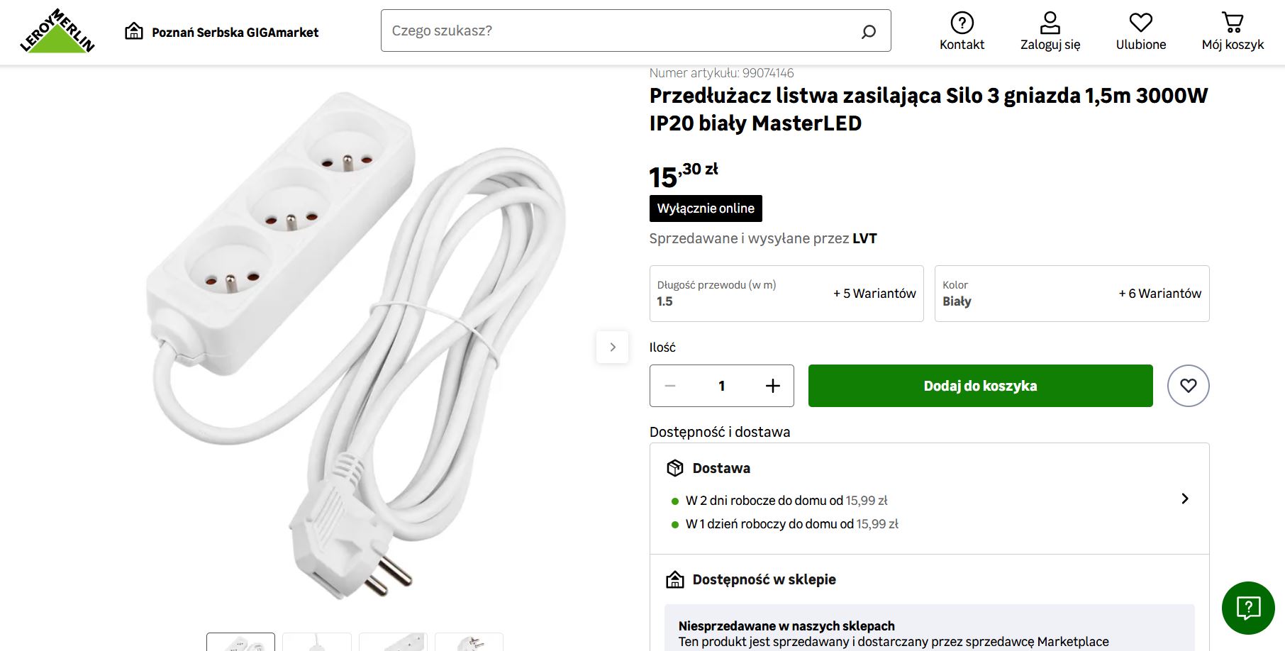 Przykład taniej listwy zasilającej o mocy maksymalnej 3000W oferowanej w sklepie Leroy Merlin. Zdjęcie przedstawia produkt MasterLED z przewodem 1,5m, użyty w artykule jako przykład urządzenia, które może ulec przegrzaniu przy wysokim obciążeniu