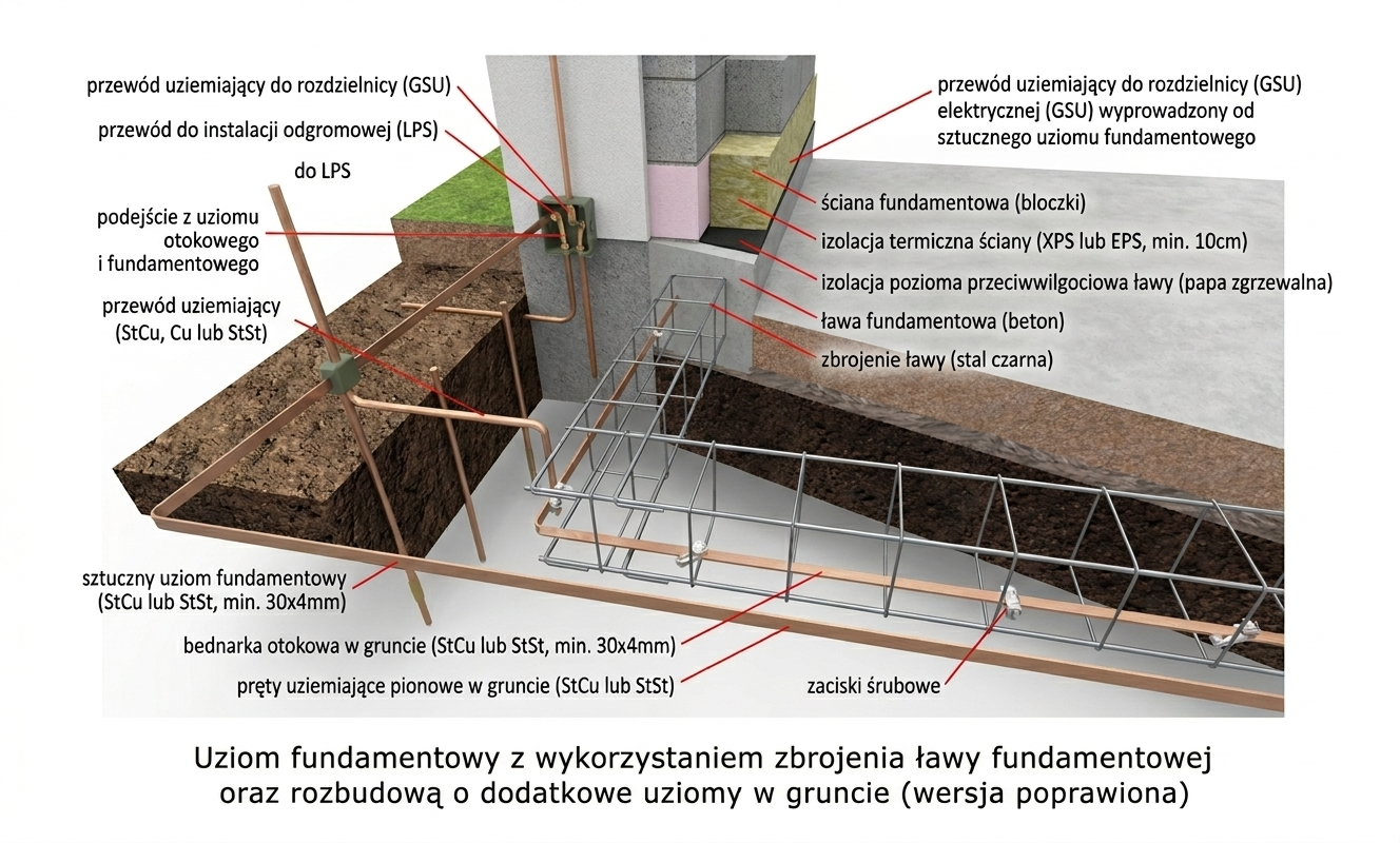 Schemat techniczny przedstawiający konstrukcję uziomu fundamentowego z wykorzystaniem zbrojenia ławy. Rysunek ukazuje przekrój przez fundament budynku z widocznymi warstwami: izolacją przeciwwilgociową, chudym betonem, ławą fundamentową oraz ścianą fundamentową. Kluczowe elementy uziemienia obejmują stalowy pręt zbrojeniowy wewnątrz ławy, bednarkę stalową (ocynkowaną lub miedzianą) oraz przewód odprowadzający wyprowadzony na zewnątrz do złącza kontrolnego. Całość uzupełnia dodatkowy uziom otokowy ułożony w gruncie wokół budynku. Wszystkie elementy są szczegółowo opisane za pomocą linii pomocniczych i polskiej terminologii budowlanej.