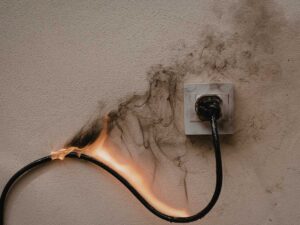 Płonący czarny przewód elektryczny podłączony do gniazdka na tynkowanej ścianie. Widoczny ogień wzdłuż kabla oraz kłęby czarnego dymu unoszące się wokół gniazdka